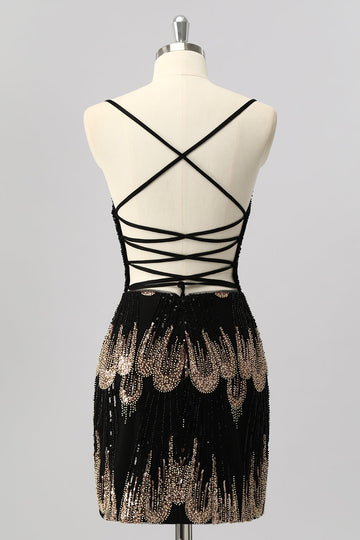 Black Bodycon Sequin Short Homecoming Dress with Lace Up Back